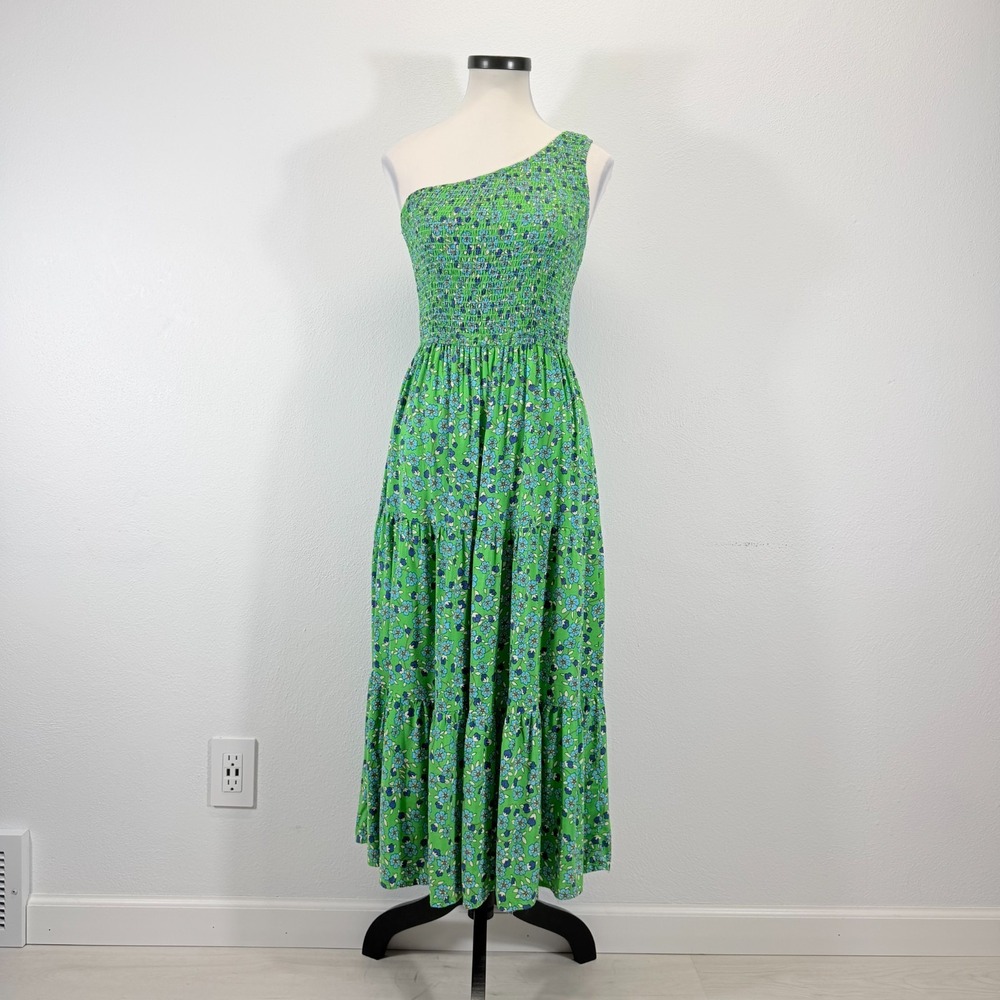 ZCSIA Smocked Floral One Shoulder Tiered Floral Green Midi Dress Size S